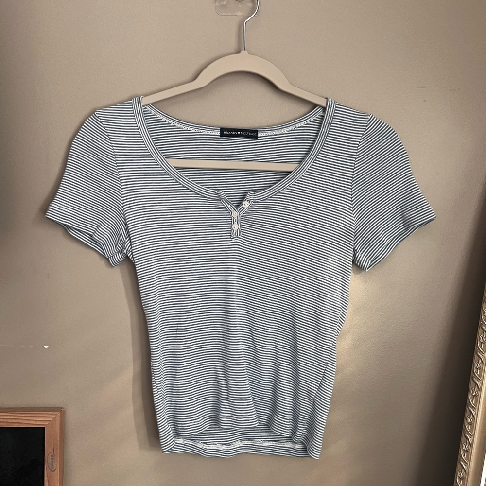 Brandy Melville Navy and White Striped Short Sleeve Tee